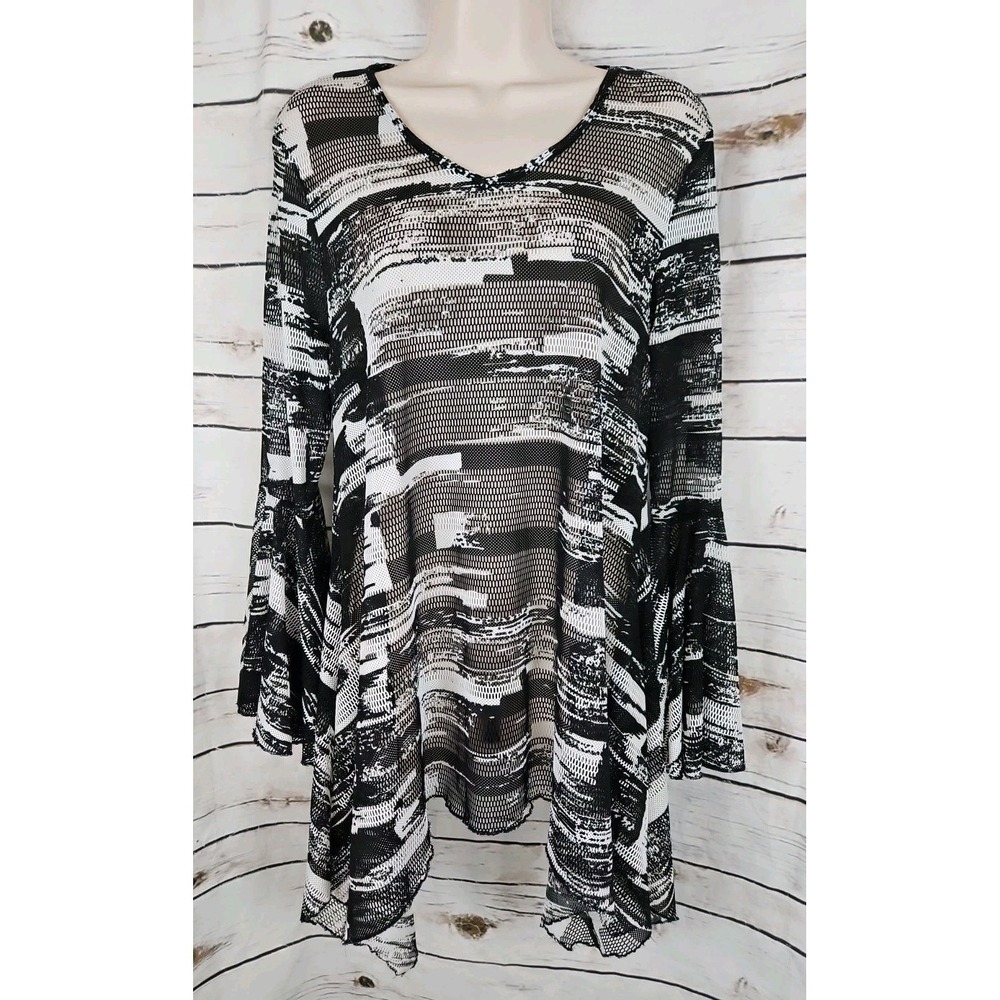 Dor Dor Couture Mesh Tunic Top Medium Black White Bell Sleeves Asymmetrical